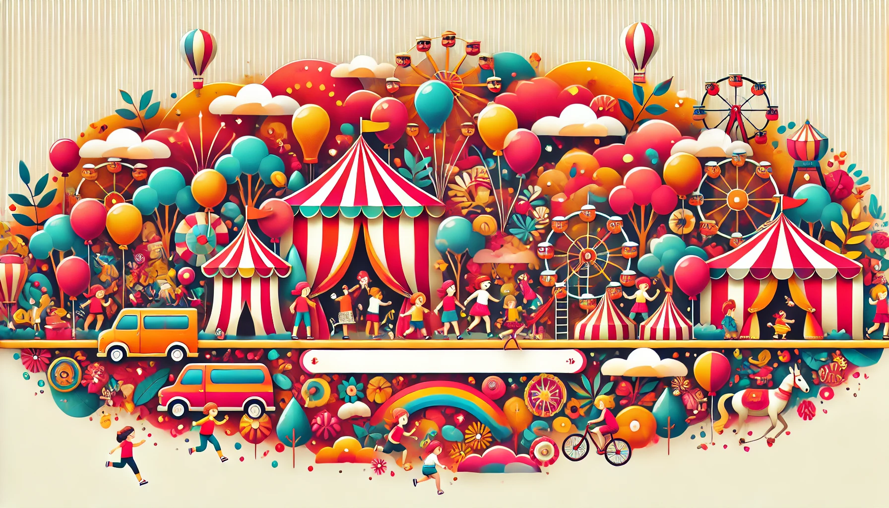 Niños jugando en una fiesta con carpas de circo y globos